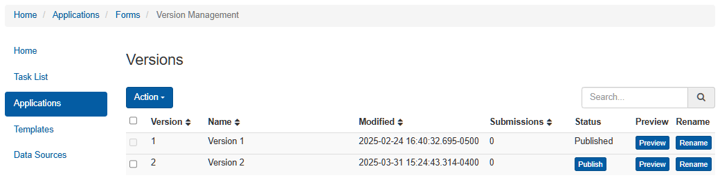 Form Version Management Interface
